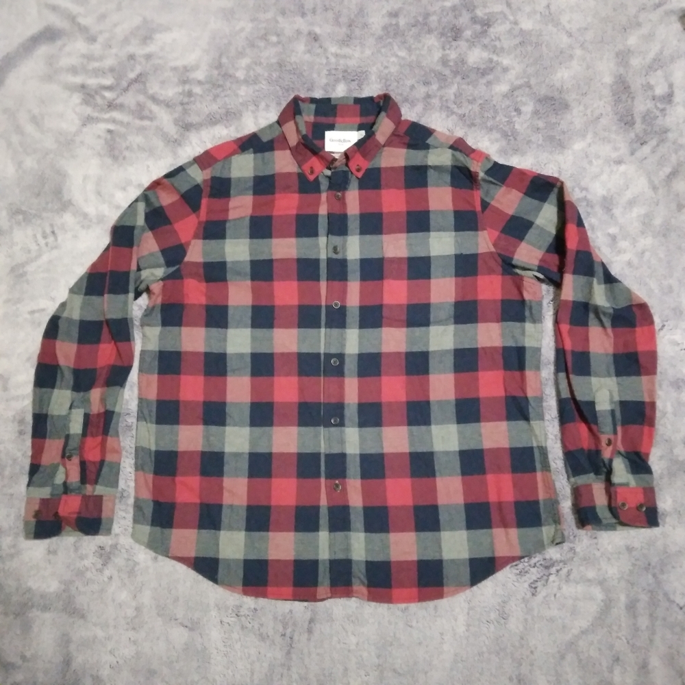Men's Goodfellow Red & Navy Blue Plaid Long Sleeve Shirt XL